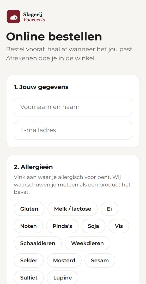 Online order page of the ordering app with the list of allergens